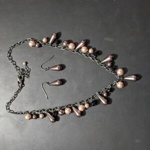 Rmn Gunmetal Black Crystal Brown Tan Faux Pearl Statement Necklace Earrings Set